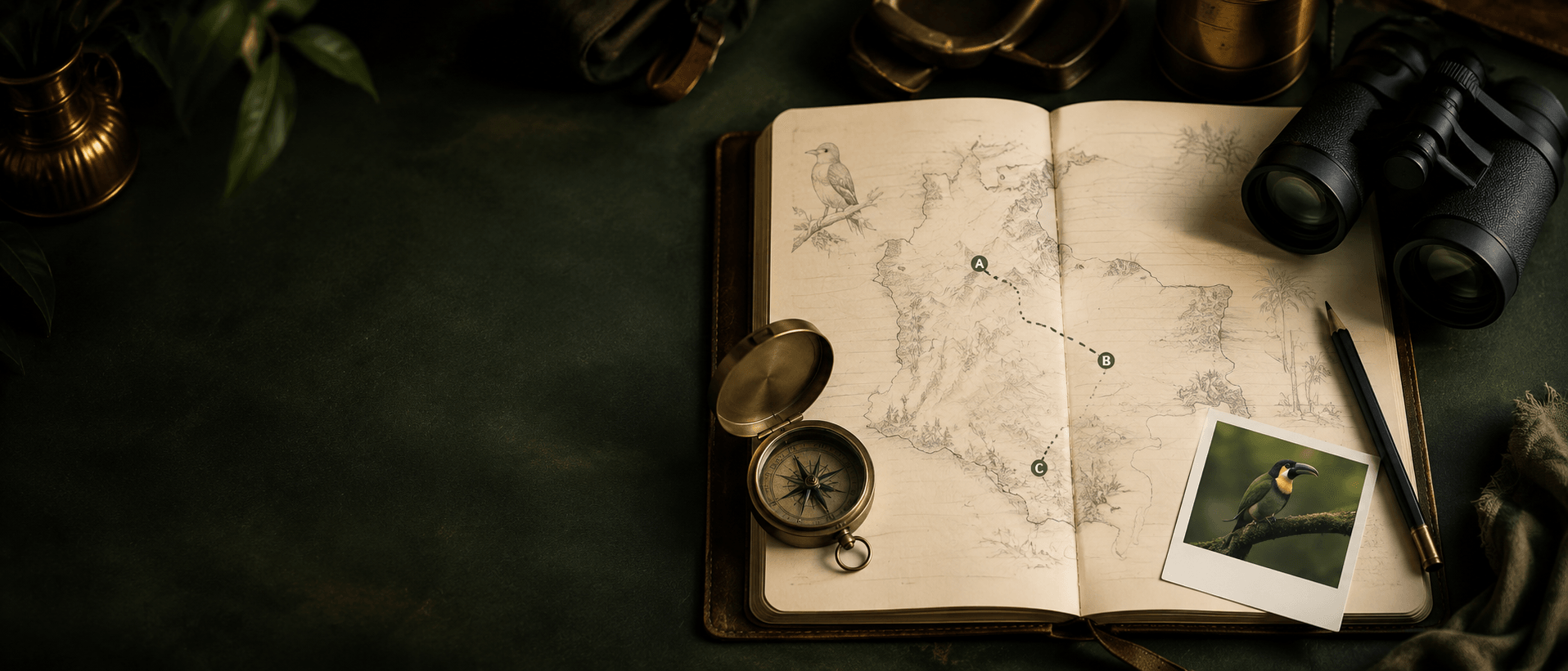 Birding travel notebook with Colombia route map, compass, and binoculars
